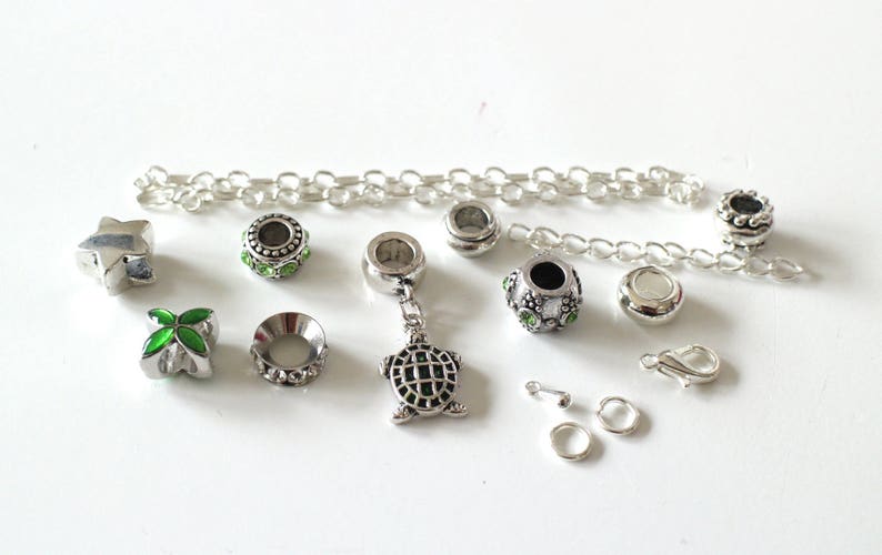 KIT DIY BRACELET green and silver enamelled turtle