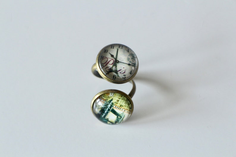 KIT DIY BAGUE cabochons Paris Eiffel Tower and London Tower Bridge in glass and bronze metal