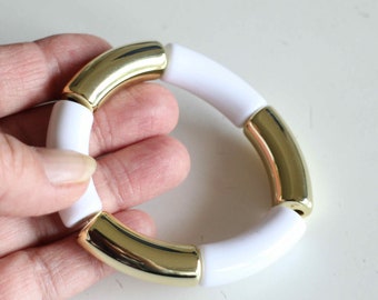 A white and gold long tube-shaped bead bracelet Handmade