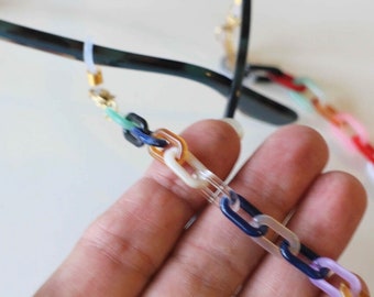 A chain for glasses in stainless steel and multi-colored acrylic, handmade