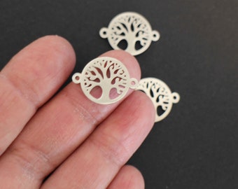 2 round tree of life connectors slightly domed, rounded and finely chiseled in silver stainless steel 22 x 16 mm