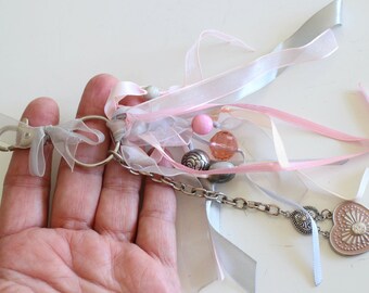 Soft pink and cream key ring bag charm, old style enameled heart pendant, different ribbons and different pearls, handmade