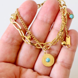 Handmade gold stainless steel double chain charm bracelet