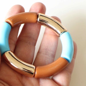 Blue, rose gold and brown acrylic tube bead bracelet - Handmade