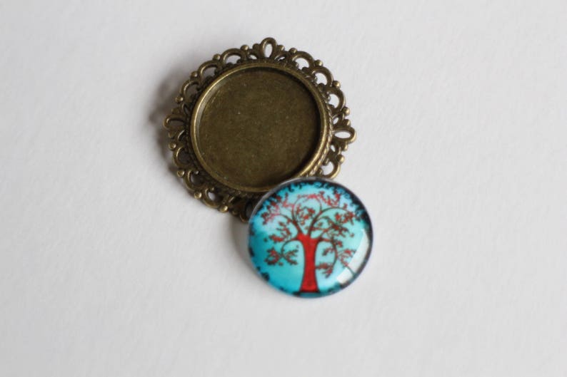 KIT DIY round brooch cabochon tree of life red and blue glass and metal bronze