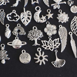 May include: A collection of silver charm pendants featuring various nature-inspired designs, including leaves, trees, flowers, a seashell, a rainbow, a star, a sun, a moon, a feather, a pine cone, a cloud, a planet, a lotus flower, a tree of life, a ginkgo leaf, and an angel wing.