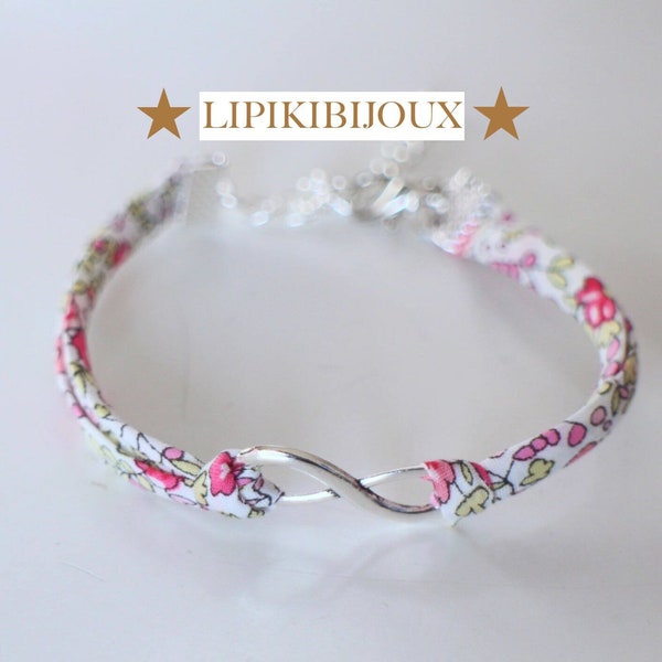 Kit diy bracelet en authentique Liberty Éloise classique fleuri rose et blanc et symbole infini en métal argenté avec notice fournie