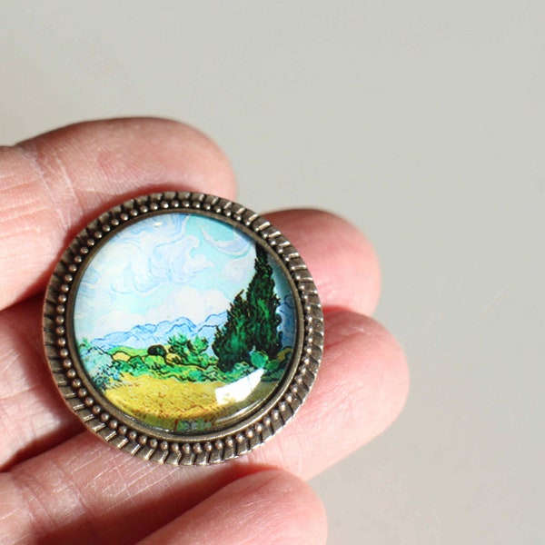 A round glass cabochon brooch landscape painting by Van Gogh Handmade only one copy free gift packaging