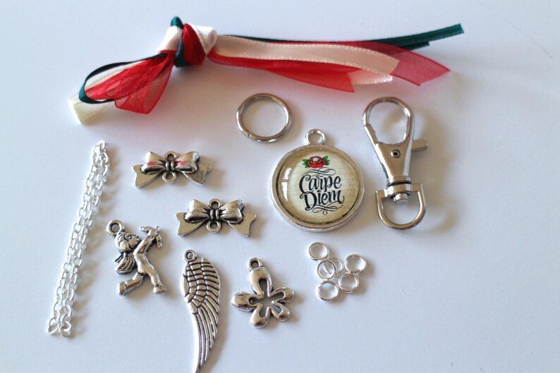 KIT DIY bag jewel cabochon glass Carpe Diem charms and ribbons and silver metal