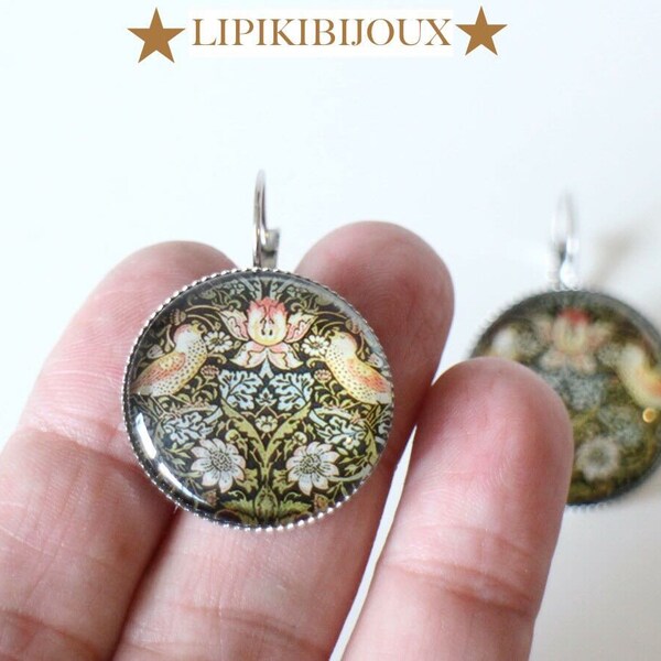 Boucles d'oreilles dormeuses rondes cabochon en verre Mucha style peinture fleuri Fait-main emballage cadeau offert