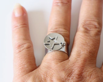 Round and star charm ring in silver stainless steel Handmade
