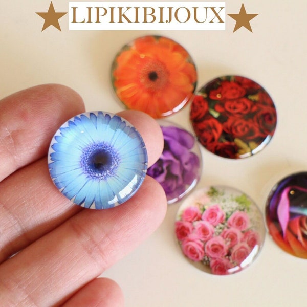 6 cabochons ronds fleur multicolore en verre finement bombé effet loupe 25 mm Fait-main apprêts pour vos créations bijoux bucoliques