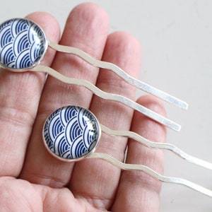 2 blue and silver zigzag clips Handmade