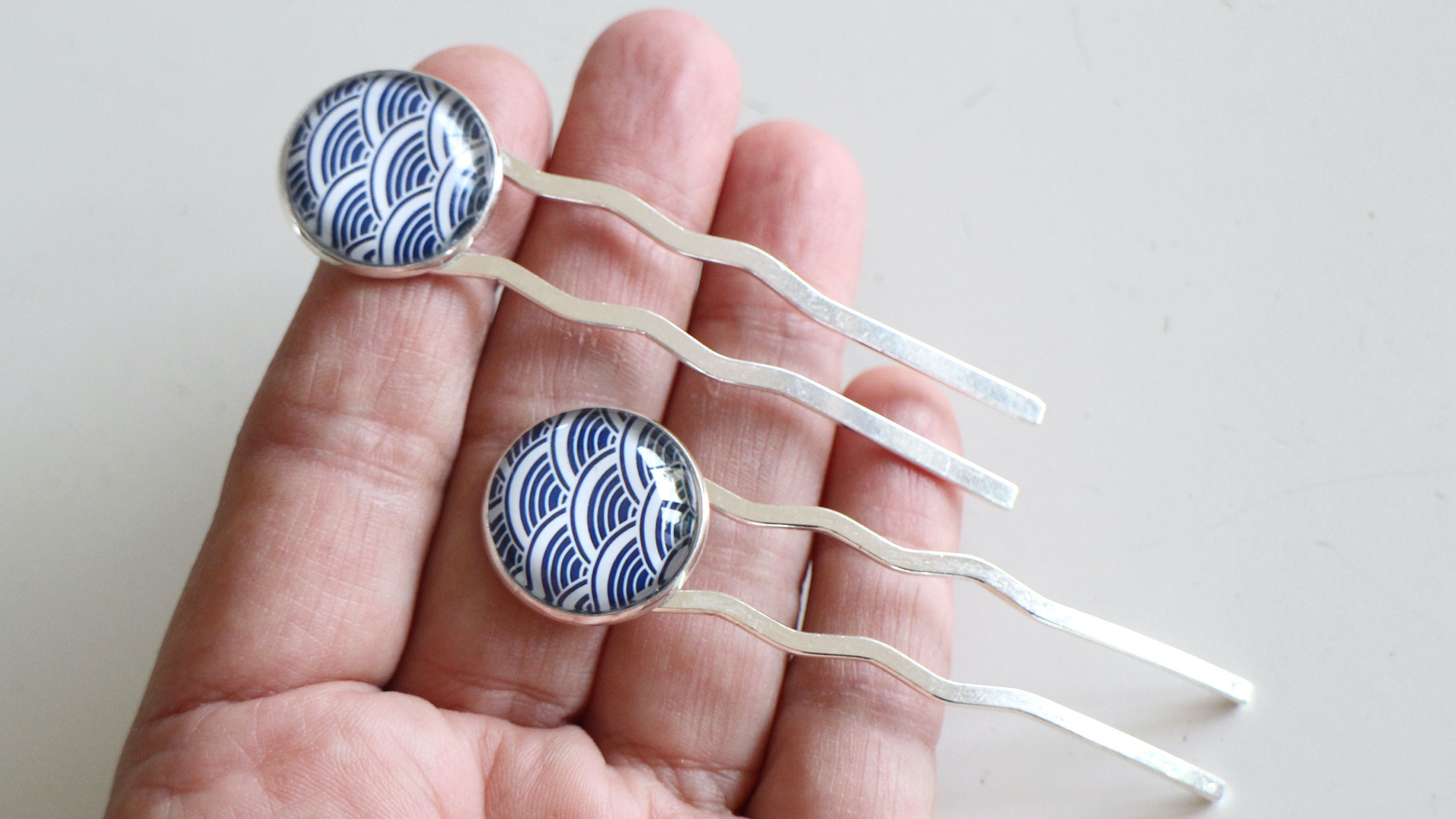 2 blue and silver zigzag clips Handmade