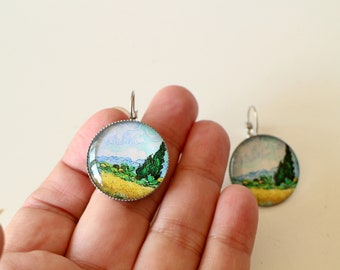 Boucles d'oreilles dormeuses rondes avec cabochons en verre motifs peinture de Van Gogh et supports en laiton argenté Fait-main