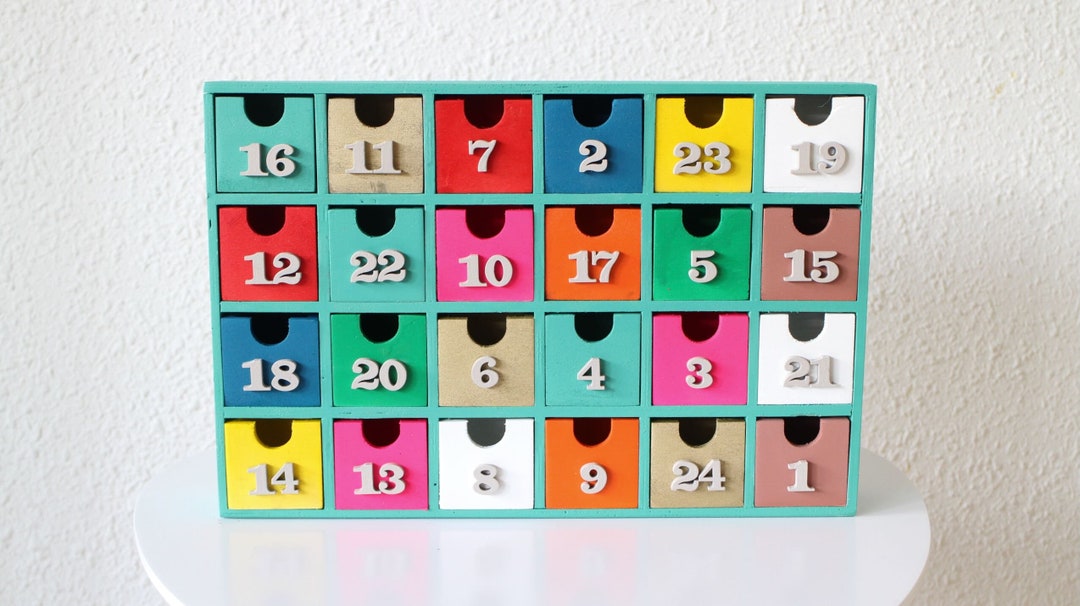 Multi colored Wooden Perpetual Advent Calendar 24 Drawer Compartments Multi colored Wooden Perpetual Advent Calendar 24 Drawer Compartments