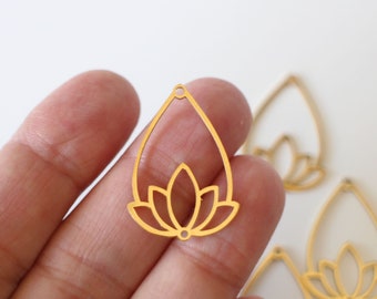 A lotus flower pendant charm in a hollowed-out drop carved in gold stainless steel 30 x 20.5 mm for your Zen style jewelry creations