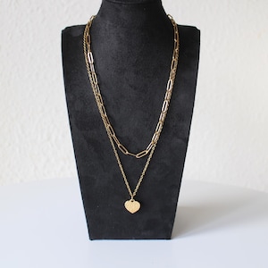 Double chain heart necklace in gold stainless steel, handmade