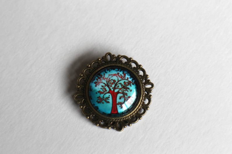 KIT DIY round brooch cabochon tree of life red and blue glass and metal bronze