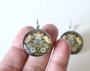 Mucha glass cabochon round sleeper earrings, floral painting style, handmade, free gift packaging