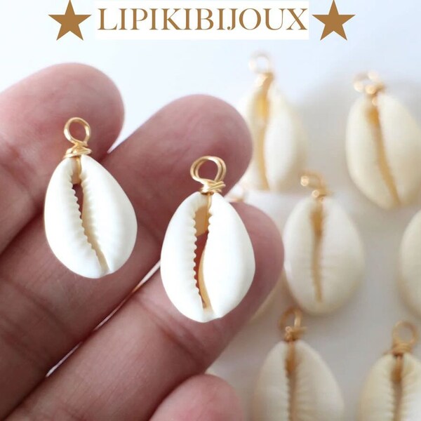 2 breloques pendentifs coquillages cauris naturel avec boucle anneau en fil de laiton plaqué or 18K pour vos créations bijoux marine été