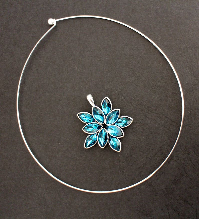 DIY KIT flower print rhinestone blue Peacock glass pendant necklace