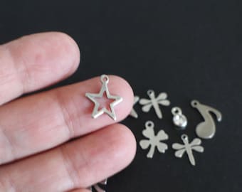 10 charms, 5 pairs of different charms in stainless steel silver hollowed out stars glass rhinestone clovers musical notes