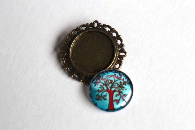 KIT DIY round brooch cabochon tree of life red and blue glass and metal bronze