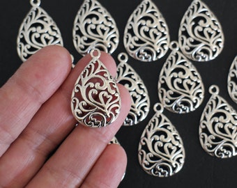 6 openwork drop charms in openwork silver-plated brass 34 x 22 mm