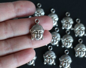 10 yoga Buddha head charms in silver-plated brass 22 x 15 mm