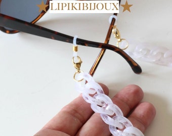 Une chaine pour lunettes à gros maillons blanc et mousquetons et anneaux en acier inoxydable doré Fait-main cadeau original pour femmes