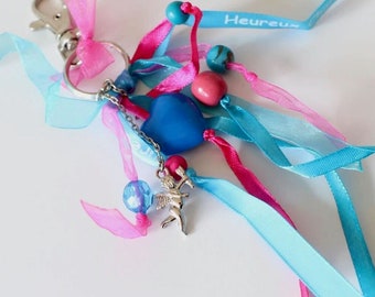Key ring bag charm, multi-colored silver angel charm, different satin and organdy ribbons, pink blue and various pearls, handmade
