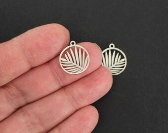 2 breloques rondes finement ciselées de feuilles en acier inoxydable argent 17 x 15 mm pour vos créations bijoux