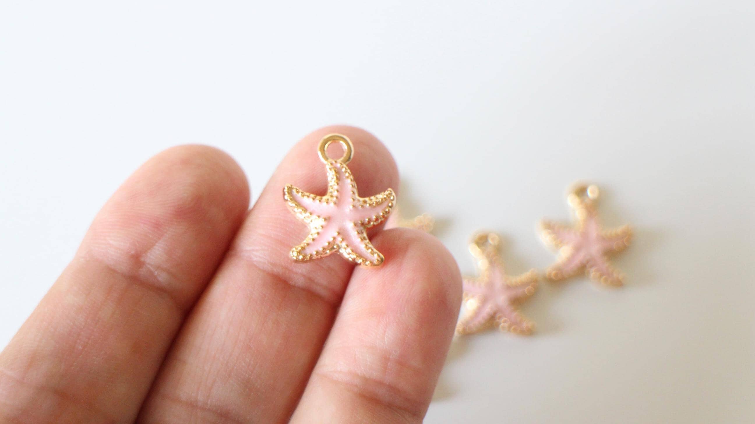 6 pale pink enamel and gold metal starfish charms 18 x 15 mm for your summer marine jewelry creations
