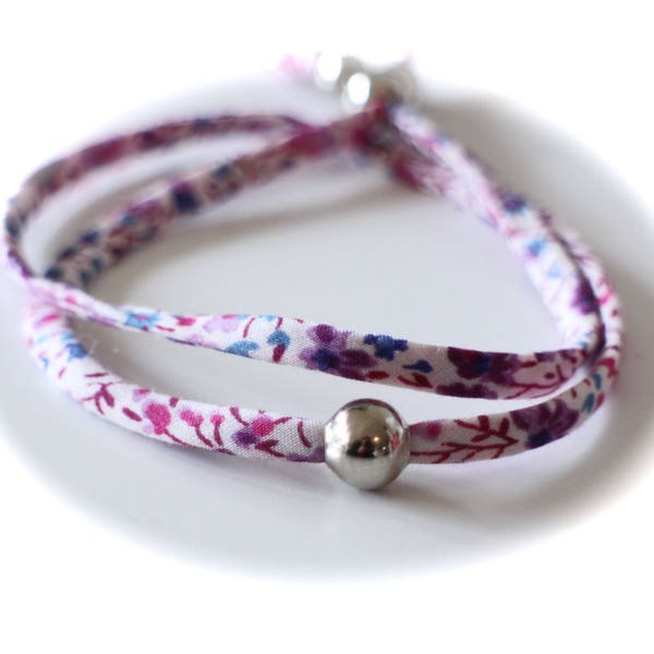 DIY bracelet kit in authentic pink and purple Liberty Phoebe Anahi double spaghetti cord and smooth silver metal beads, instructions provided