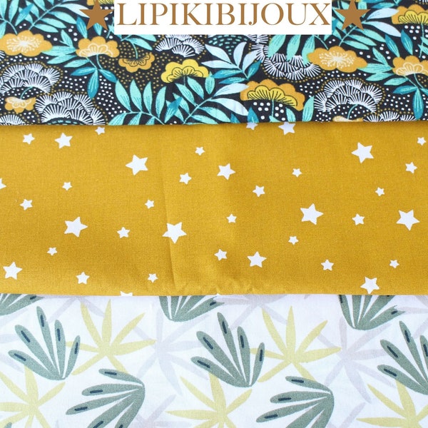 3 coupons de tissu fleurs et étoiles japonais en coton