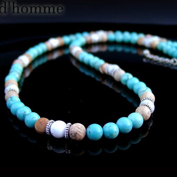 Bijoux hommes - Collier ras du cou pour homme en pierres de turquoise, jaspe et howlite, un bijou au look très tendance ! Réf: RC-67