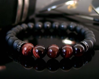 Bijoux hommes - Un bracelet homme de carractère en pierres d'onyx et Oeil de taureau Réf: BN-490