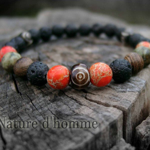 Bracelet roche volcanique, bois wengé, os de yak, turquoise orangé et jaspe kambaba Réf: BN-166