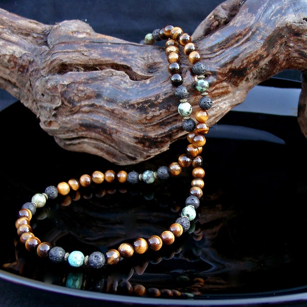 Men's jewelry - Men's necklace in African turquoise, tiger's eye and lava stones Ref: RC-69