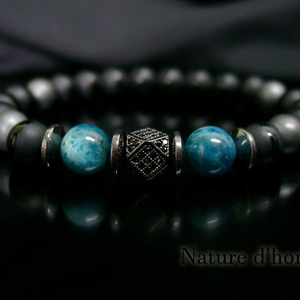 Bijoux hommes - Pierres apatite bleue,onyx noir, hématite grise et cristal de roche un bracelet élégant, un cadeau pour hommes réf: BN-665