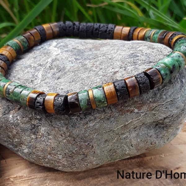 Bracelet en pierres de lave, oeil de tigre et turquoise africaine, pierres heishi  6x3mm référence BN-1012: