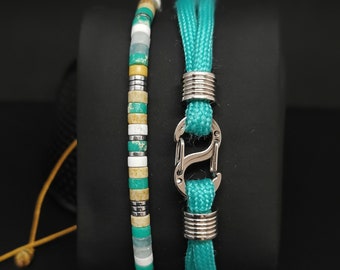 Duo de bracelets pierres heishi et cordon paracorde turquoise référence BN-1024