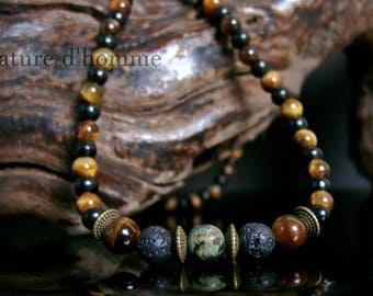 Collar para hombre en piedra de lava, ojo de tigre, ónix y turquesa africana Ref: RC-049