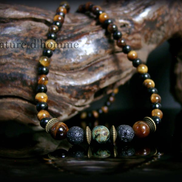 Men's necklace in lava stones, tiger's eye, onyx and African turquoise Ref: RC-049