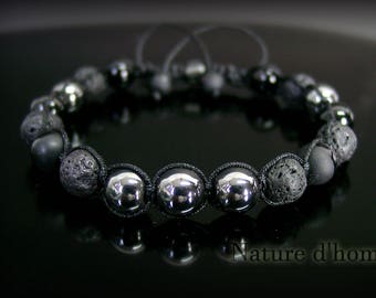 Bijoux hommes - Bracelet tressé en pierres de lave, tourmaline, onyx et hématite Réf: BN-373