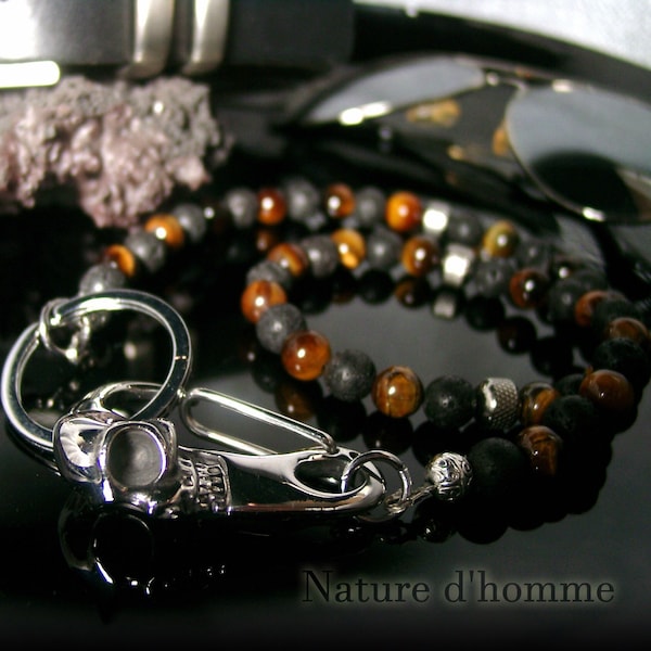 Men's accessories - Chain for biker wallet or key ring or watch in lava stones and tiger's eye Ref: BN-714