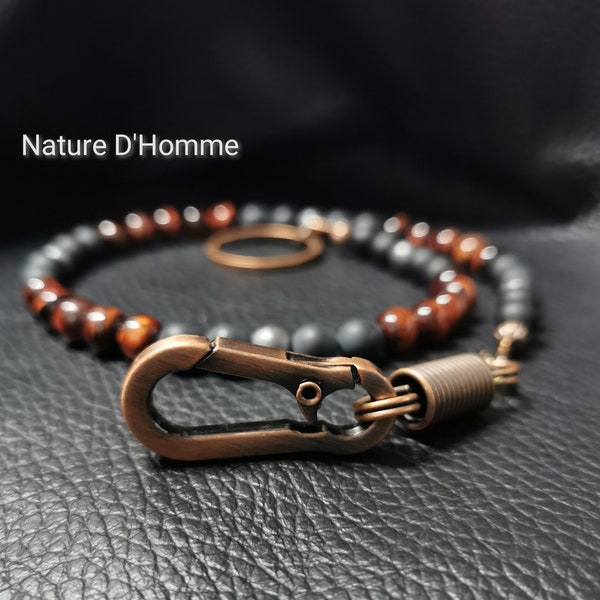 Chaîne pour portefeuille biker ou porte trousseau de clés ou montre en pierres d'hématite, pierres d'onyx et œil de taureau Réf: BN-921