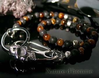 Men&#39;s accessories - Chain for biker wallet or key ring or watch in lava stones and tiger&#39;s eye Ref: BN-714