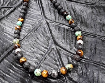 Men's necklace in lava stones, tiger's eye and African turquoise Ref: RC-250